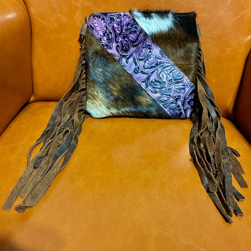 Western Cowhide Leather Handmade Purse with Fringe & Tooled Lavender Inlay